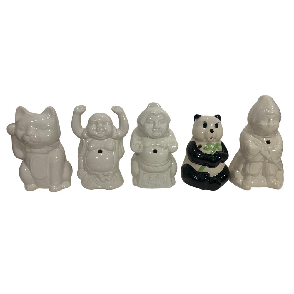Vintage 5pc Set Benihana Ceramic Tiki Mugs Lucky Cat, Buddha, Sumo, Ninja, Panda